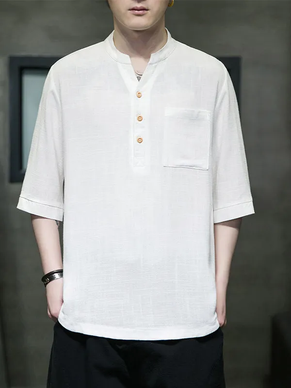 

Loose Fit Cotton Linen ort Sve T-irt Men's Large Size Button up Stand Collar Traditional Chinese Sle Breathable Summ...