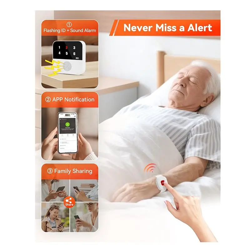 【BRILLIANT 】Display Caller+ Wristband+ 2 Call Buttons Wifi Caregiver Pager Smart Call System Emergency Alert Button For Elderly