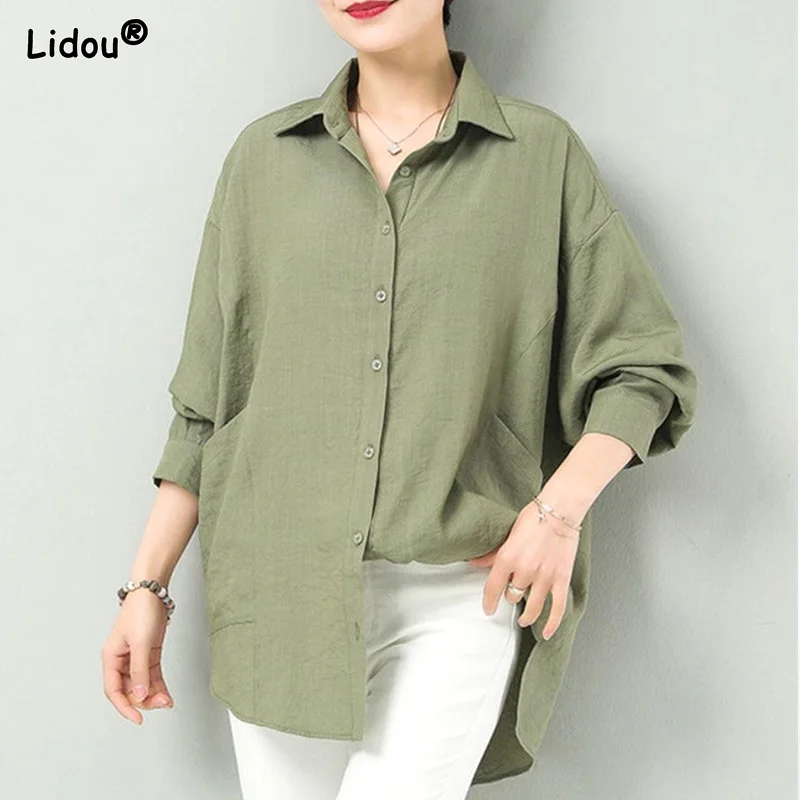 

All Season Turn-down Collar Thin Solid Casual Women Shirt Button Loose Simplicity Splicing Pocket Women's Clothingnt 2022 Simple