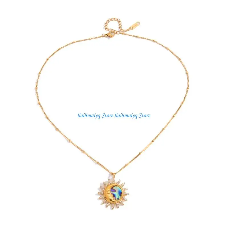

573B Delicate Shell And Sun Themed Chain Necklace Embellished With Glittering Stone