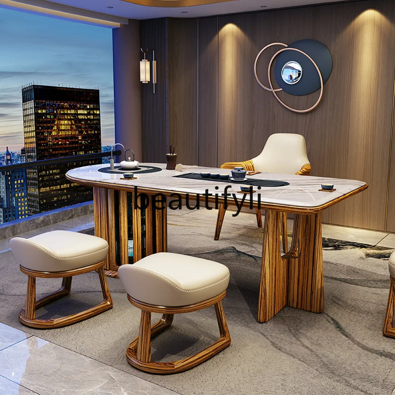 

Modern new Chinese ebony solid wood tea table Modern household tea table Small apartment marble Kung Fu tea table