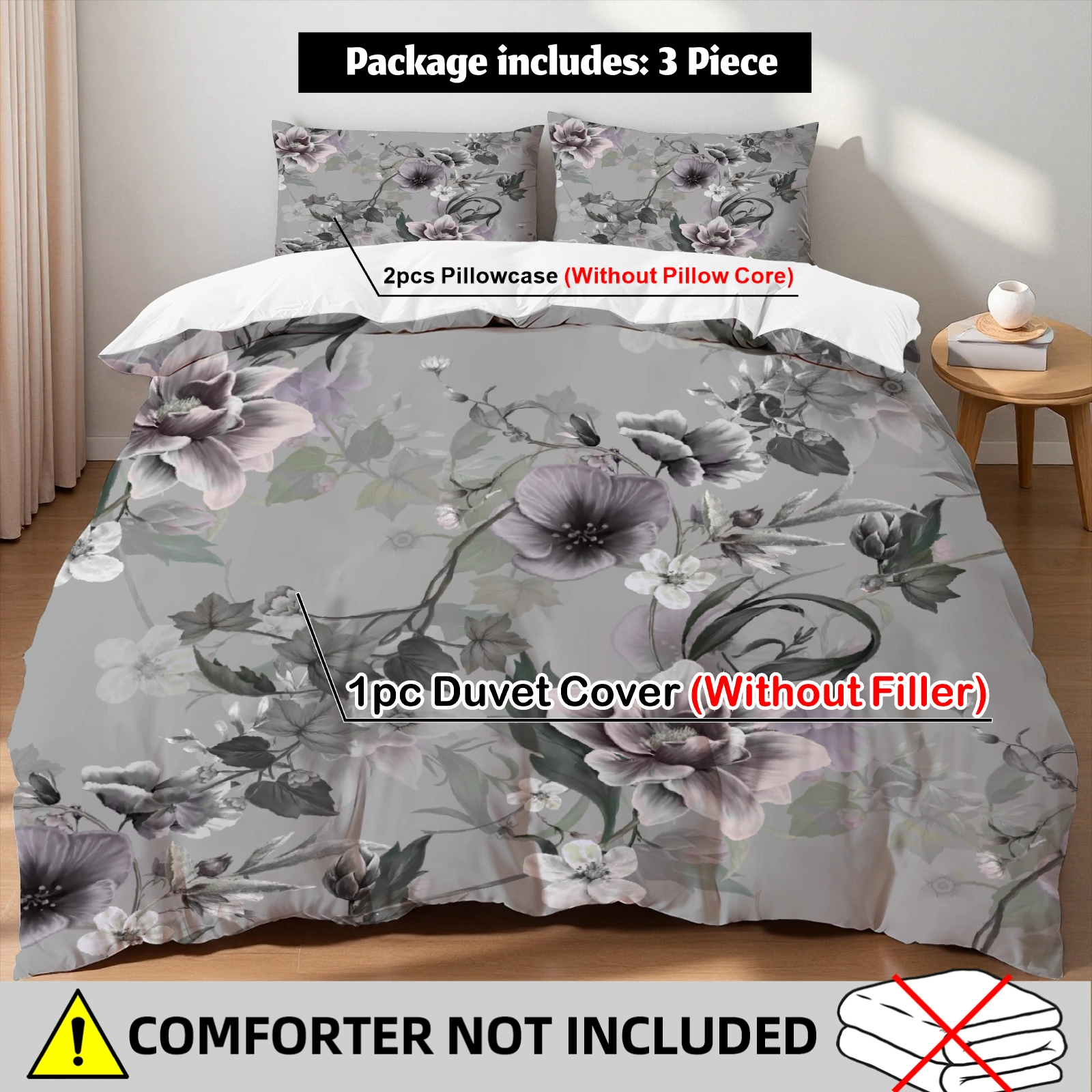Vintage Floral Duvet Cover Set Gray Purple Watercolor Flower Bedding Set For Shabby Chic Bedroom Twin Queen King Size For Women