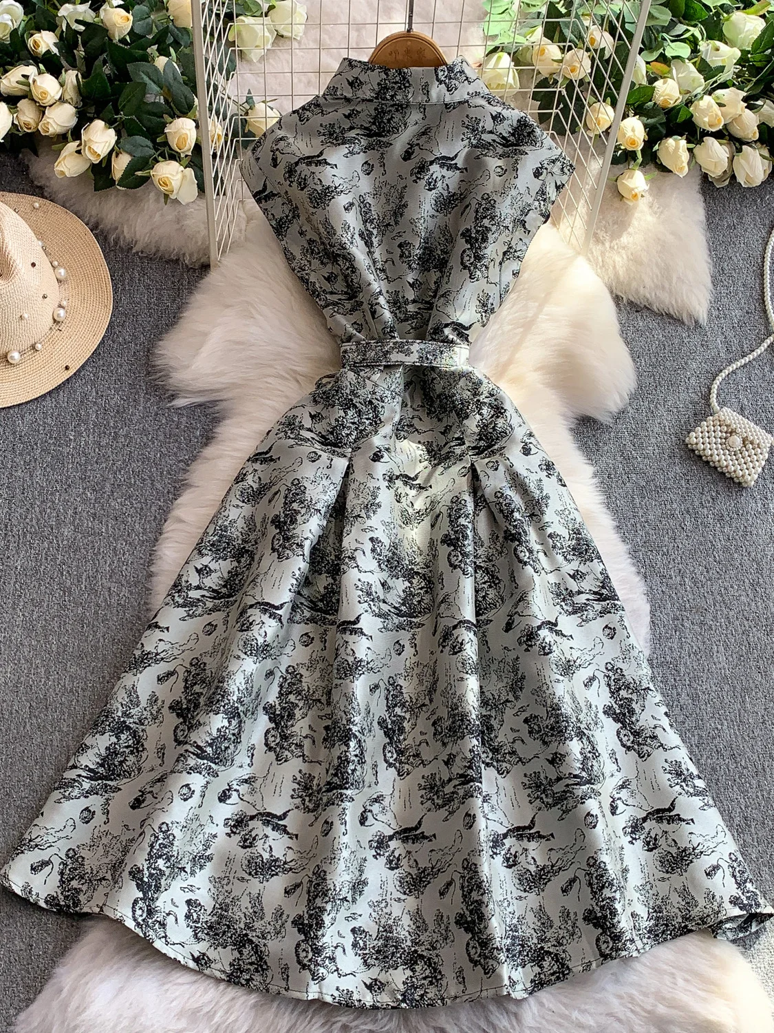 Ele Satin besticktes Svel Damen Dr. Schlankmachendes A-Linien-Kleid mit einem Knopf und hoher Taille für die Herbstsaison