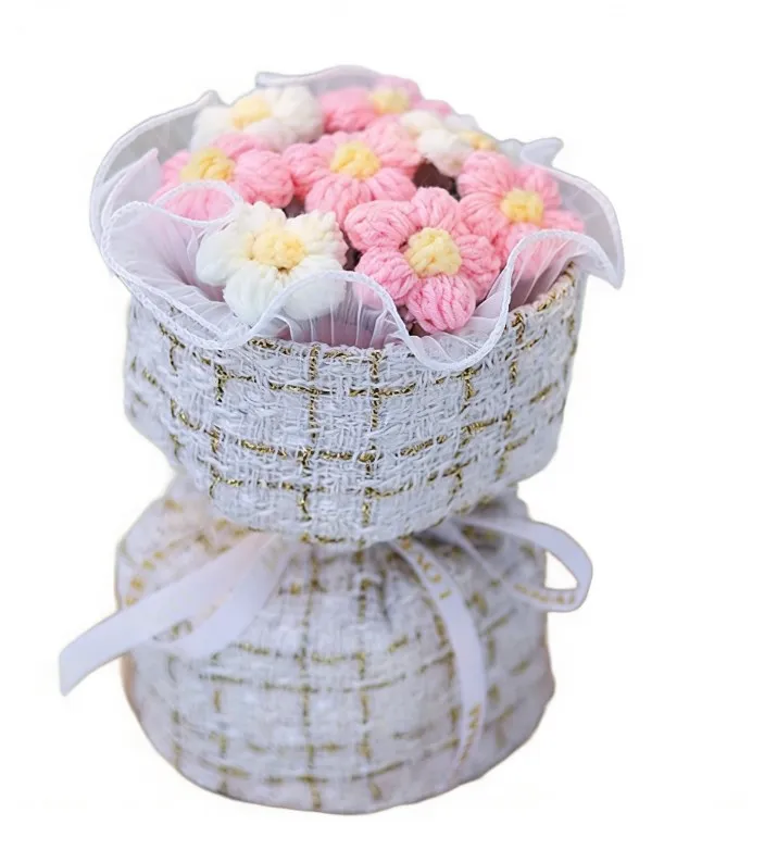 7 Pcs Knitted Puff Flower Bouquet Handmade Yarn Flowers Valentine Birthday Gifts For Women Bouquet Colorful Puff Flowers
