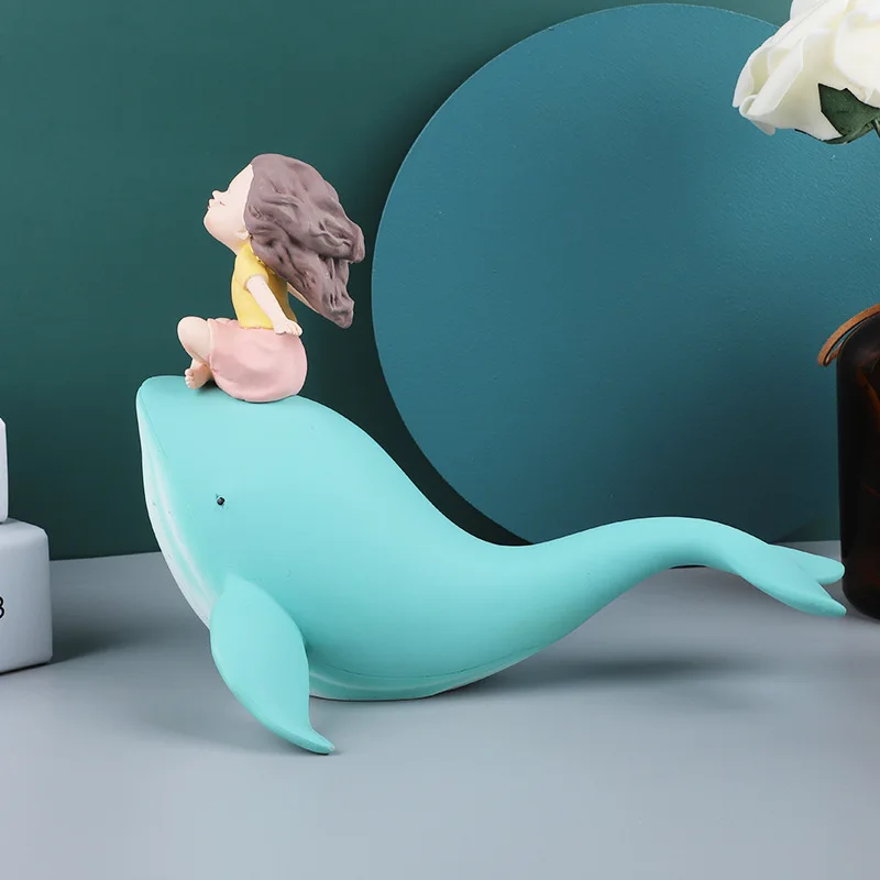 Nordic Home Simple Cartoon Girl Simulation Whale Animal Small Decoration Desktop Wenchuang Resin Crafts