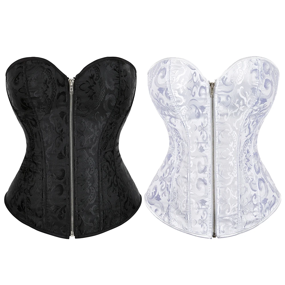 Jacquard Overbust Corset Corselet Black White Front Zip Waist Bustier Top Basques