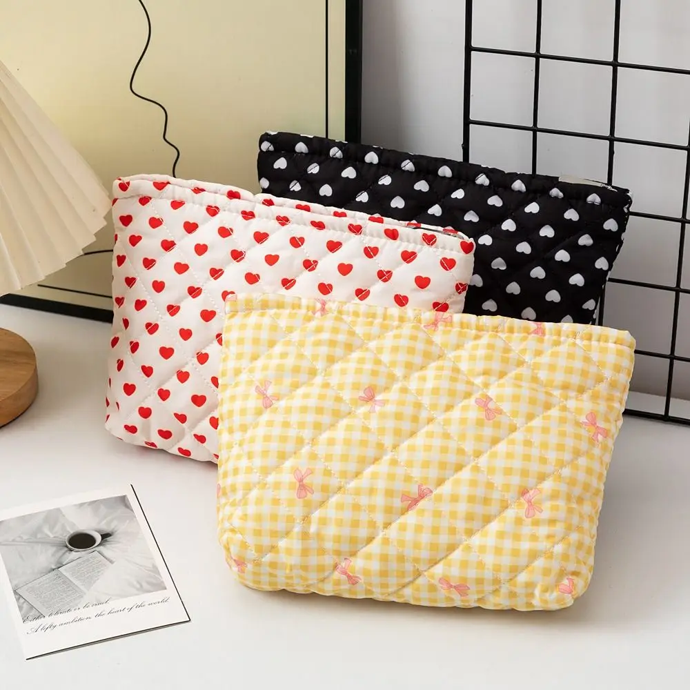 Portable Bow Cotton Makeup Bag Travel Handbag Zipper Quilting Cosmetic Bag Box Shape Sundry Organzier Women Toiletry Storage Bag