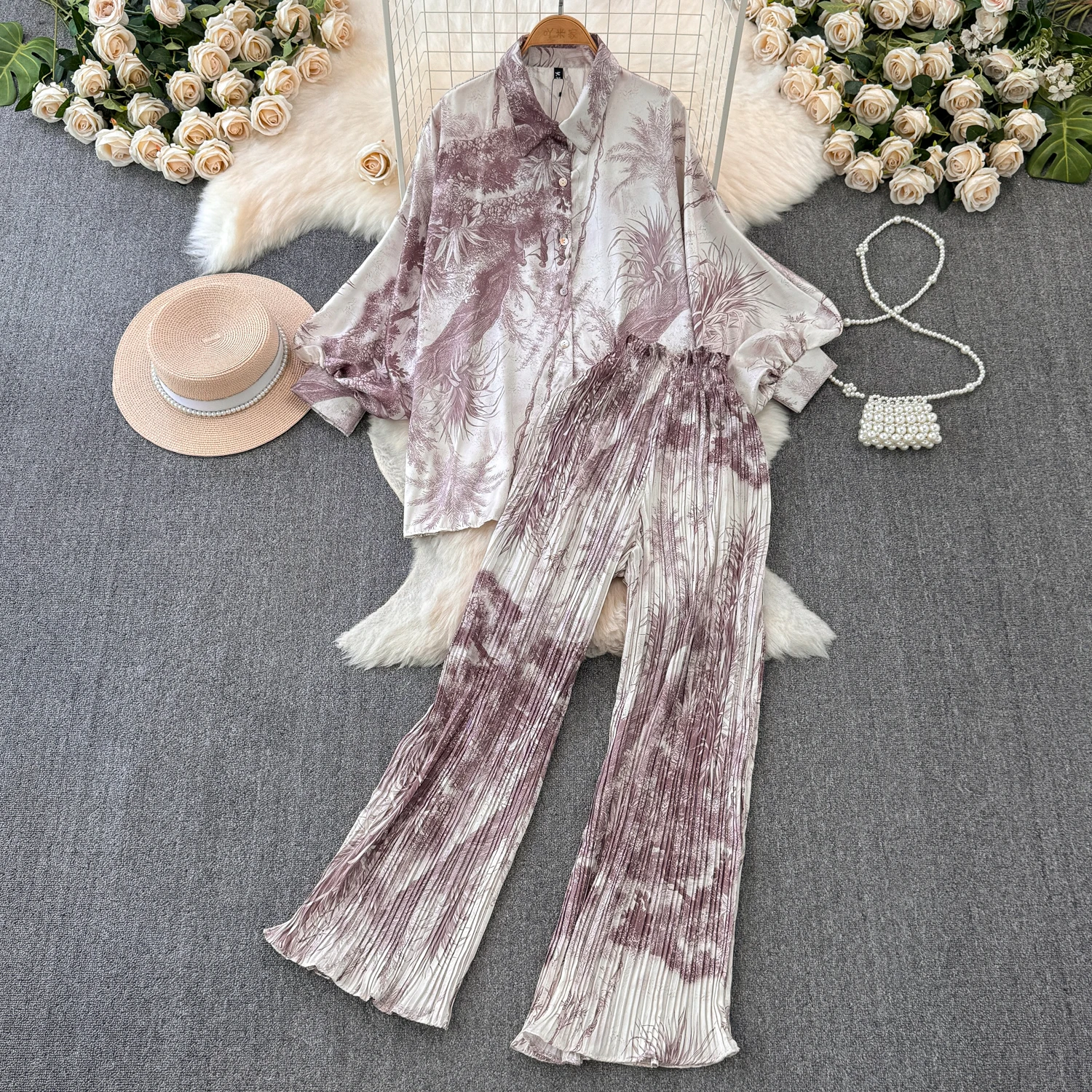 New Elegant Women's Fashion Sets Casual Long Sleeve Shirt Straight Pants Suit Female 2024 Loose Print Tops Two Pieces Outfits