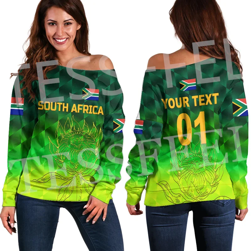 Custom Name Africa Country South Africa Flag Tattoo 3DPrint Harajuku Women Funny Casual Off Shoulder Sweatshirts Long Sleeves X2