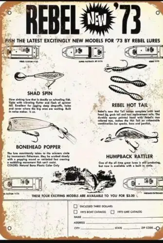 FISHING REBEL 1973 FISHING LURES METAL TIN SIGN FISHING TACKLE LURES WALL ART