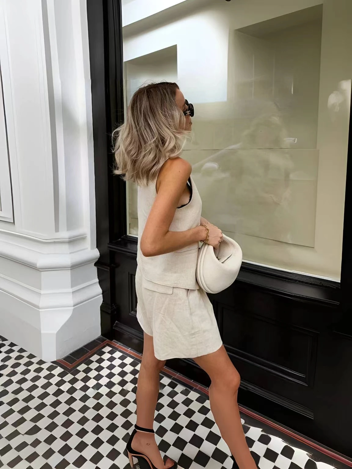 HYRAX 2024 NEW Women Elegant Solid Waistcoat Pant Sets Single Breasted V Neck Vest Top With High Waist Shorts Set Female