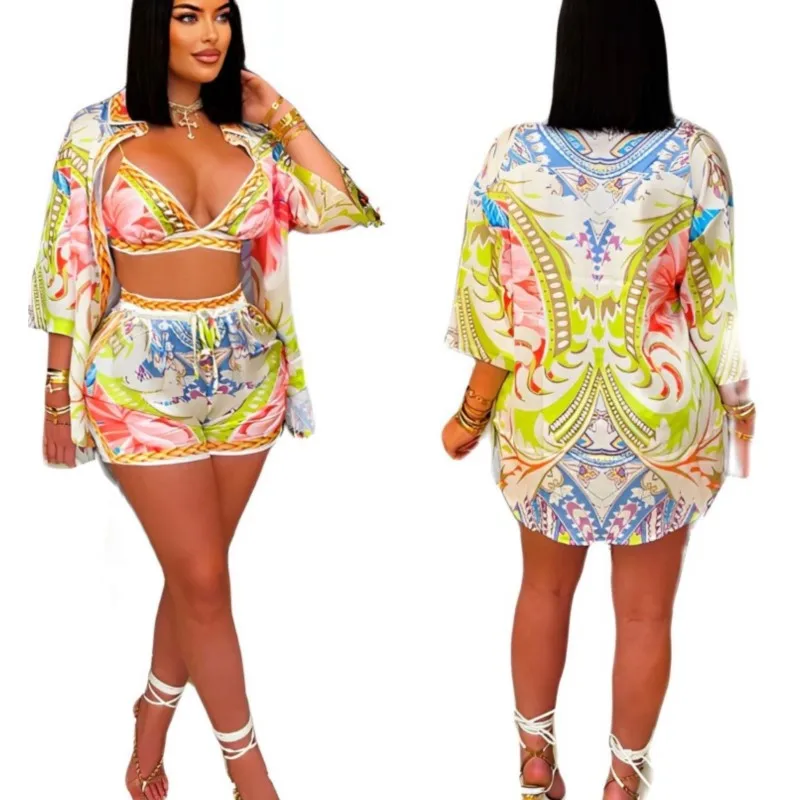 ผู้หญิงพิมพ์สไตล์ชายหาด 3 ชิ้นชุดฤดูร้อนLapelสามไตรมาสแขนเสื้อ + ชุดชั้นใน + กางเกงขาสั้นการจับคู่ 2025 วันหยุดชุดเสื้อผ้า