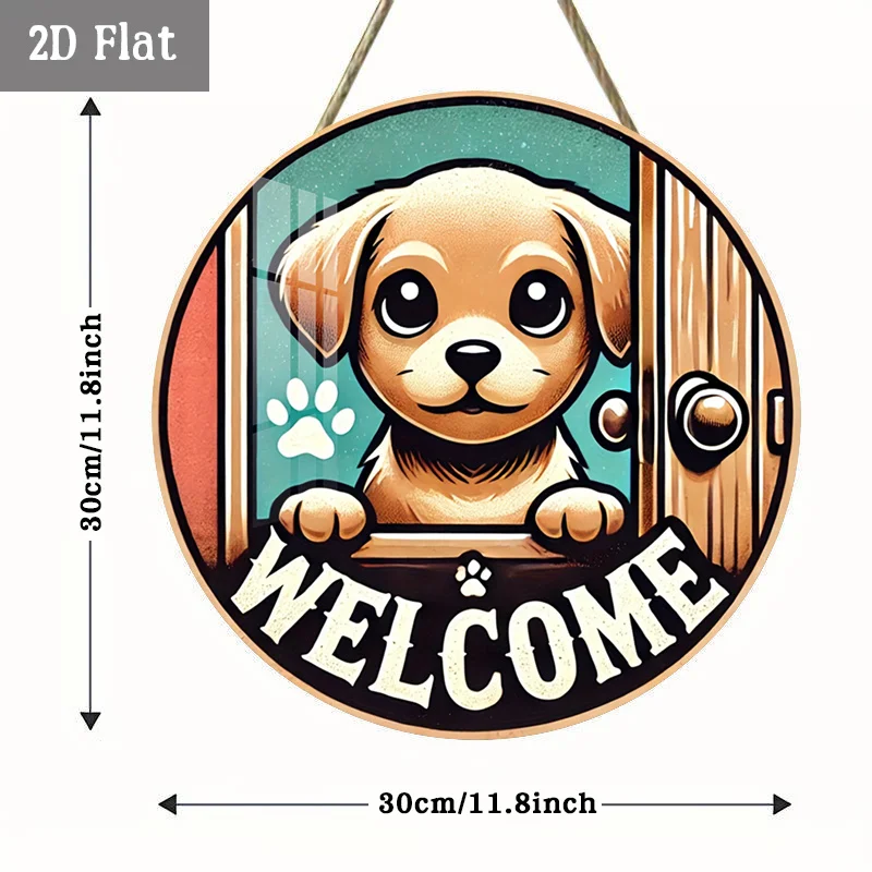 2D Flat - 1pc Cute Dog Wood Panel Painting, Friendly Welcome Wood Panel Painting, Furry Friend Round Wooden Decoration, Door Dec