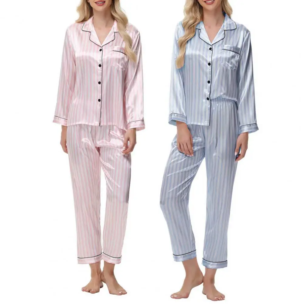 

2Pcs Women Silk Satin Pajama Set Lapel Button Down Tops & Pants Set Stripe Loose Sleep Shirt Pants Loungewear Outfit