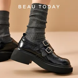 BEAUTODAY Vintage Loafers Women Patent Cow Leather Sculpture Double Buckle New Flats Brogue Shoes Handmade Female 26658