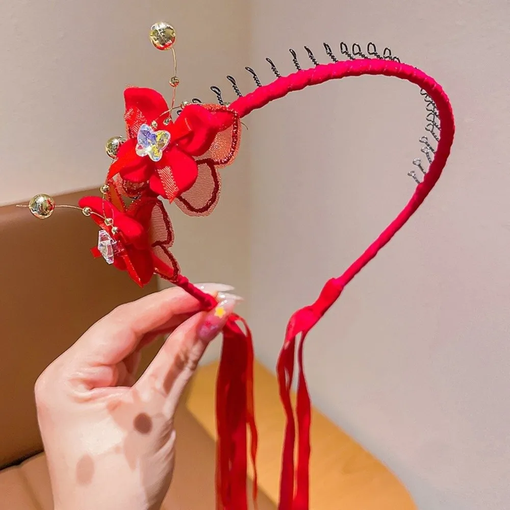 

Performance Red Chinese Style Headband Tassel Pearl Flower Ancient Headwear Ball Cute New Year Hair hoop Hanfu Costume