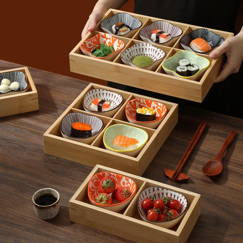 Japanese 6 Palace Tray Bamboo Wooden Compartmentalized Dinner Plate Fruit Snacks Dessert Sushi Tableware Hotpot Side Dishes Tray