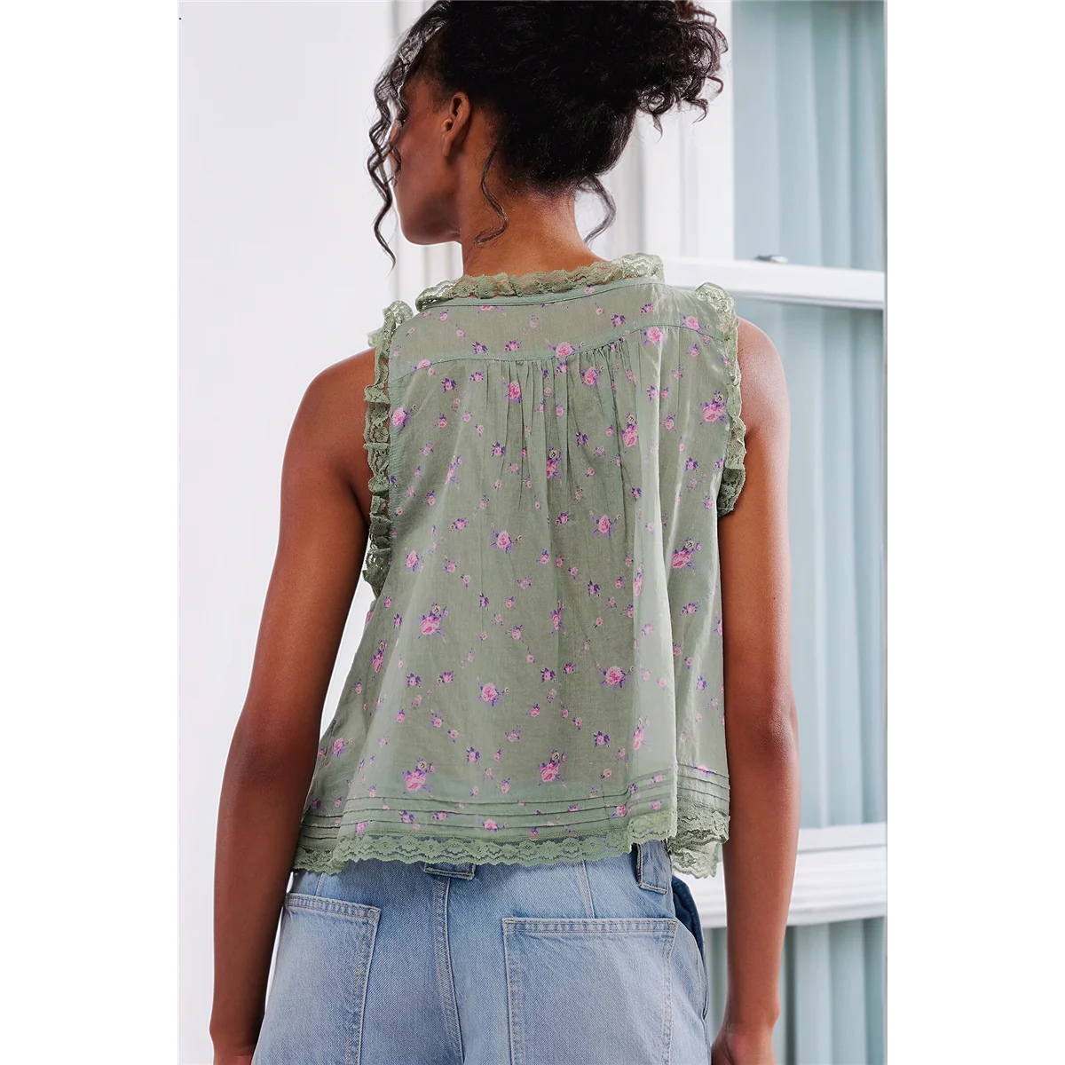 ABQR Women Summer Boho Tie Front Tops Lace Beach Button Down Tank Sleeveless Mesh Chiffon Crop Tops Y2k 2025 Green S