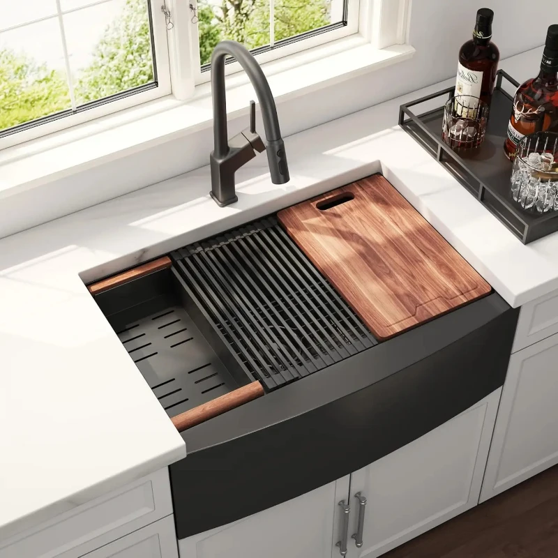 30 Inch Black Farmhouse Kitchen Sink Undermount Workstation 304 Stainless Steel Gunmetal Black Apron Front Single
