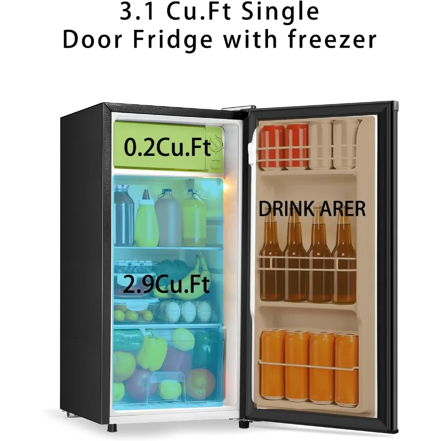 ثلاجة صغيرة مدمجة مع فريزر لمكتب النوم أو غرفة النوم: باب واحد 3.1 قدم مكعب LED ضوء ترموستات قابل للتعديل قابل للإزالة Gl #5