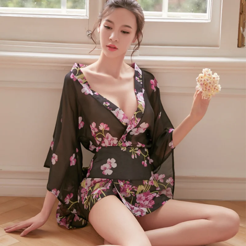 

Japanese mesh perspective printed kimono chiffon new uniform seductive and sexy set