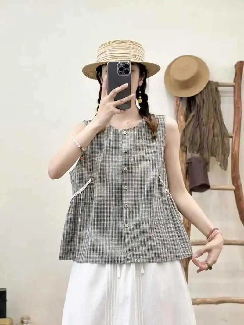New 2025 Summer Cotton Sleeveless Shirt, Women O Neck Plaid Print Lace Patchwork, Mori Girl French Retro Loose Blouse T55579CC