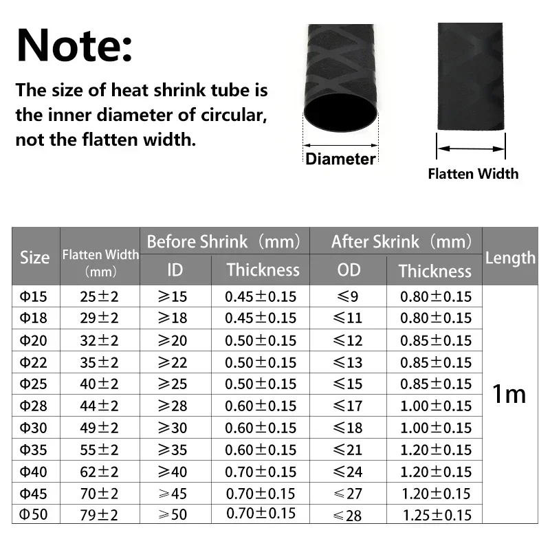 1M Black Diameter 15mm ~ 50mm Anti-slip Heat Shrink Wrap Tubing Fishing Rod DIY Handle Insulation Waterproof Racket Handle Grip