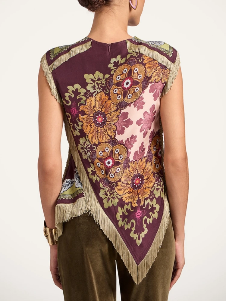 Vintage Women Floral Print Satin Tank Top Sleeveless Fringe Trim Irregular Hem Blouse Boho Elegant Casual Daily Party Vest Shirt