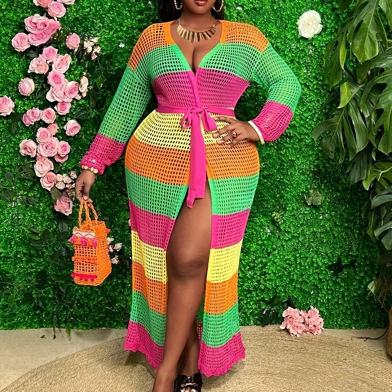 

Beach Casual Color Blo Knitted Open Cardigan Women's Long Robe Guangdong Cross-border Large Size New Sle Street Sle