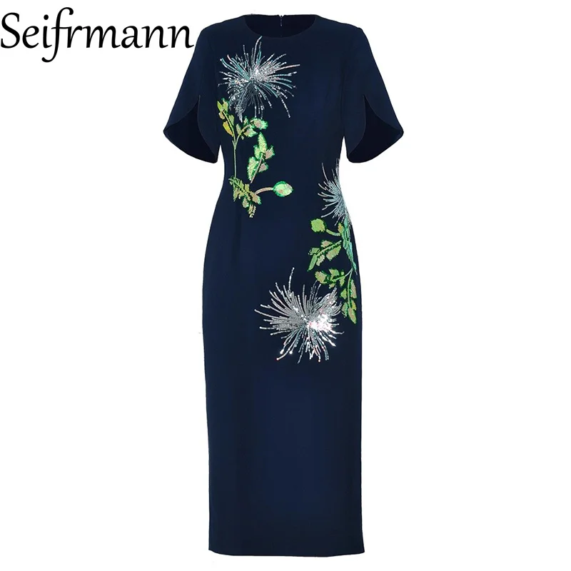 

Seifrmann 2026 Spring Women's New Fashionable Round Neck Short Sleeve Sparkling Embroidered Waist Bag Hip Dress