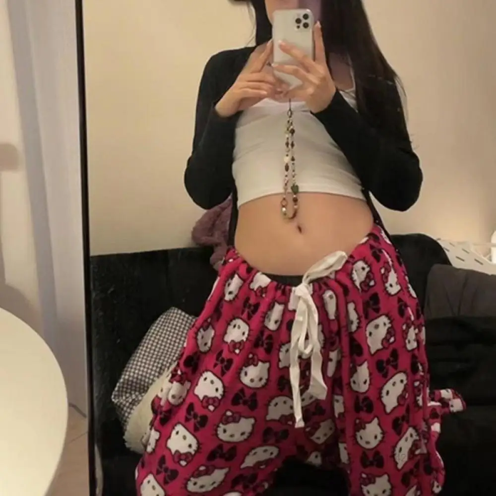 

Kawaii Hello Kitty Pajama Pants Wide Leg Pants Sanrios Trousers for Women Anime Y2K Vintage Cotton Loose Casual Loose Dance Pant