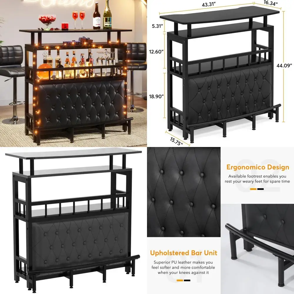 Unidad de bar para el hogar para licor, mesa de altura de barra de 44 pulgadas con almacenamiento, mesa de pub de entretenimiento negra, mini carritos de bar tapizados ymeta
