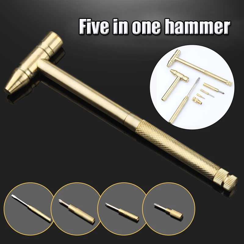 Mini Multifunction Multi Brass Hammer 3 Kinds Screwdriver Bits Pocket DIY Tools Small Round Hammer 5 in 1 For Indoor Outdoor EL