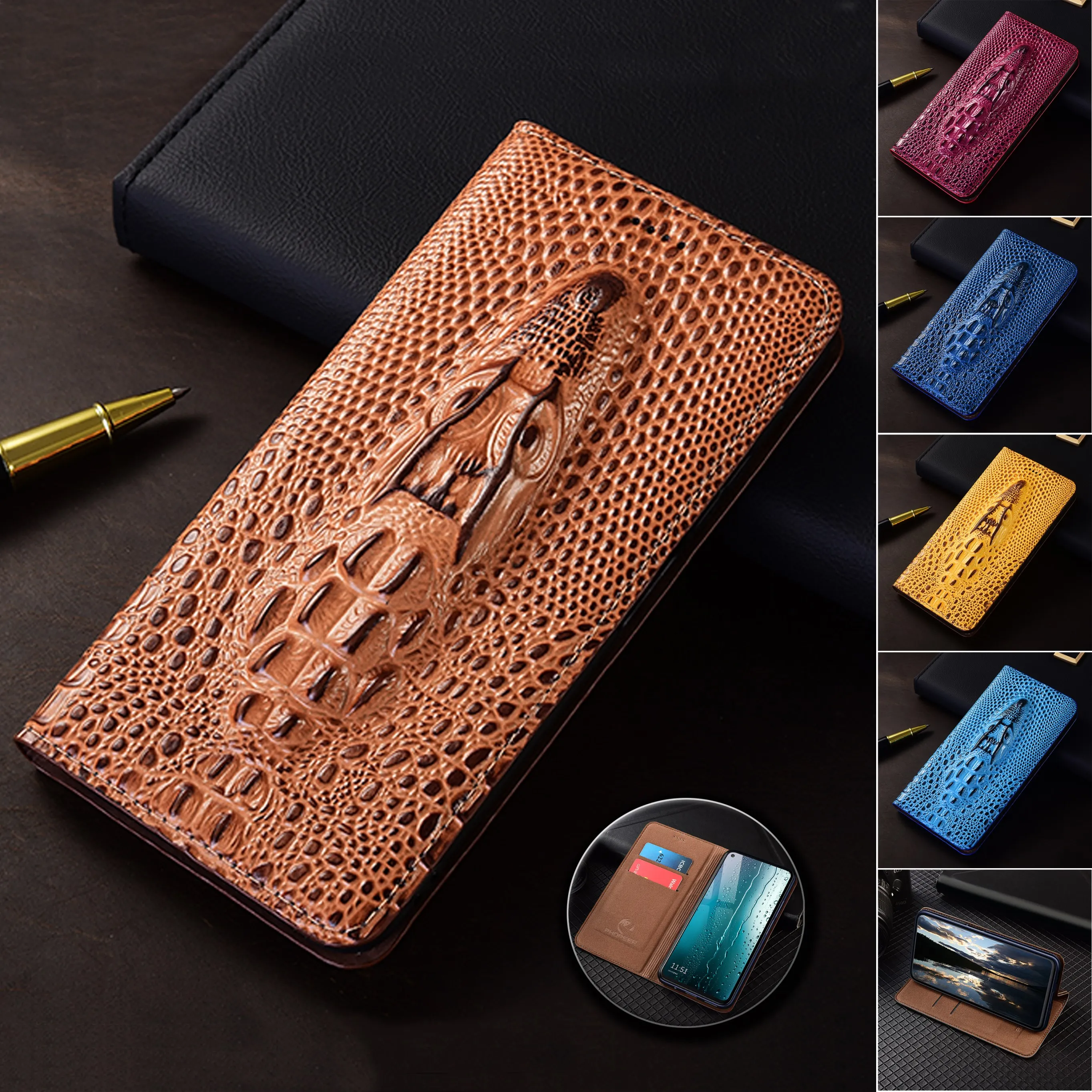 

For Realme X XT X2 X3 3 5 6 7 8 8i 9 9i 10 Pro Plus Crocodile Head Pattern Genuine Leather Wallet Flip Phone Cover Case Cowhide