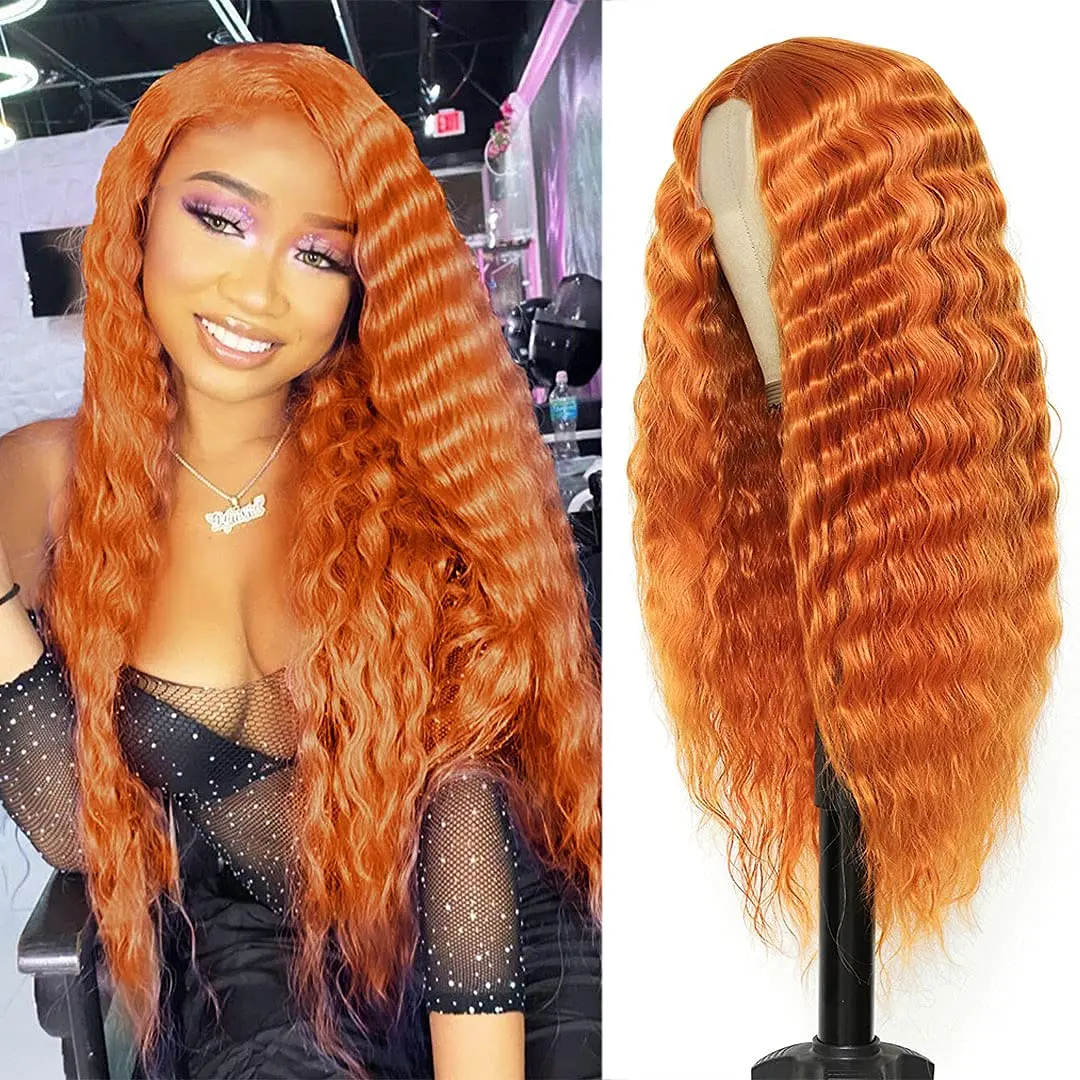 Ginger Orange Deep Long Wave Lace Front Wigs for Black Women 28 Inch Synthetic 4\'\'  Scalp Middle Part Natural Hairs Replacement