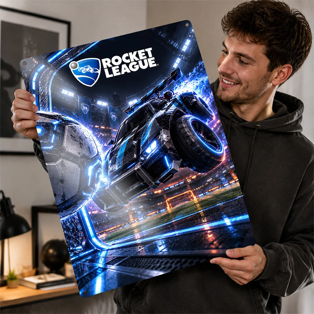 Rocket League Car In Stadium Textured Metal Poster Neon Wall Art For Home Office Customized Aluminum Sign Video Game Fan Gift