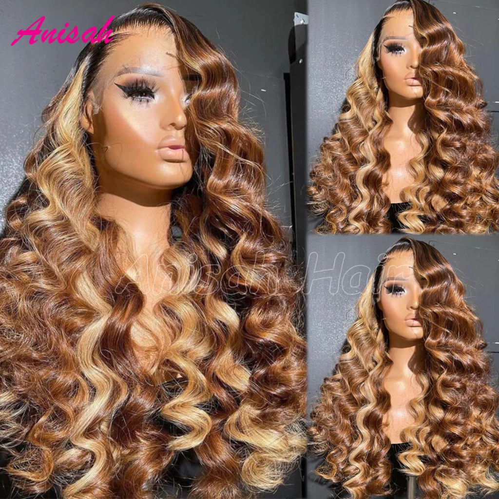 

Brazilian Highlight Honey Blonde 13x4 Glueless Loose Deep Wave Brown Human Hair Wigs Ombre Colored Transparent Lace Frontal Wigs