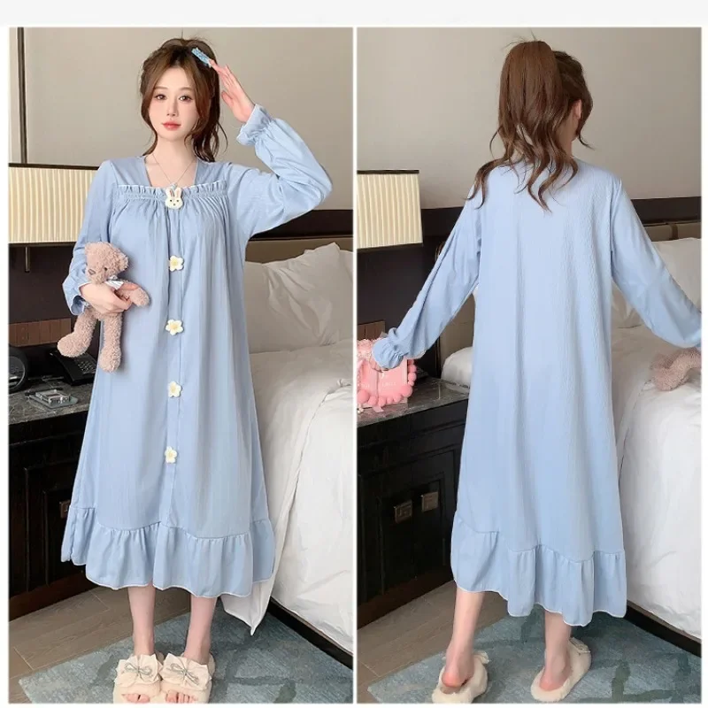 5XL Plus Size Loose Home Dress with Chest Pads Women Spring and Autumn Long Sleeves Nightgown Sweet Cotton Pajamas Loungewear