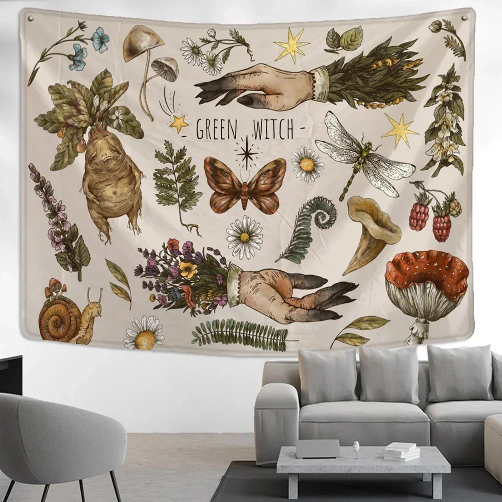 Vintage Magic Mushroom Tapestry Wall Hanging Witch Hand Mural Botanical Mystery Boho Hippie Home Decor