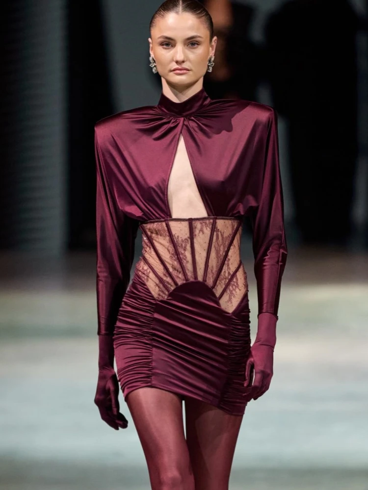 

Сексуальное мини-платье с открытой спиной и круглым вырезом, кружевное лоскутное мини-платье, женское винно-красное платье с длинным рукавом и открытой спиной, со рюшами, вечерние клубные вечерние платья