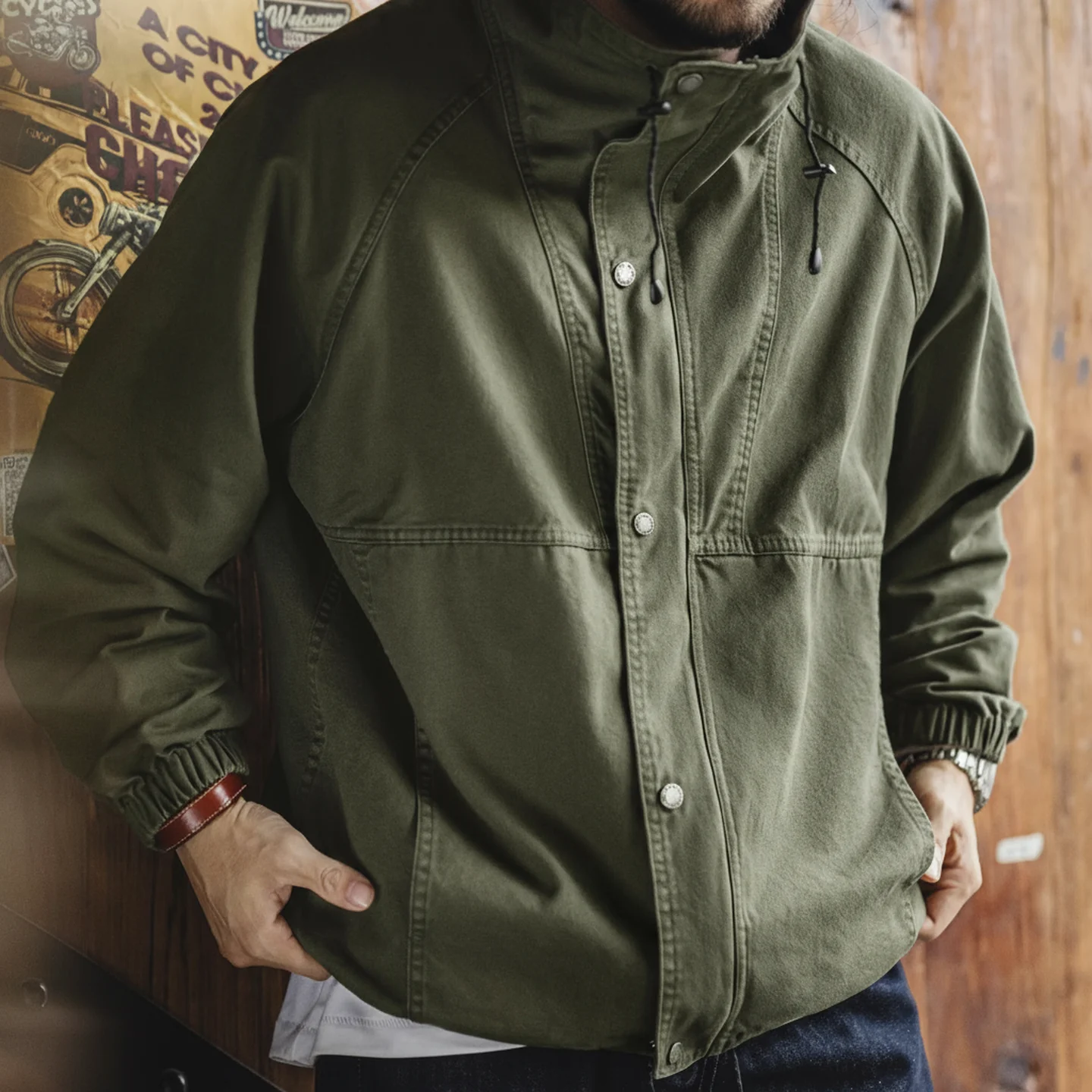 Maden Men's Vintage M-65 Field Jacket Green Cotton Zipper Army Coat Stand Collar Drawstring Windbreaker for Spring and Fall