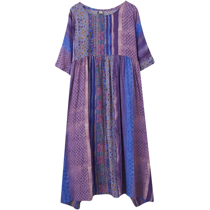 Plus Size Baumwolle Leinen Dr mit Farbe Blo Stripes A-Linie Rock rund Ne Five Sve Damen Faion Summer Dr
