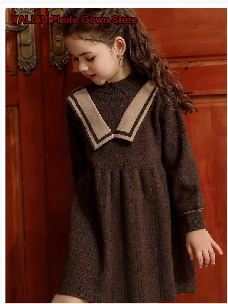 Girls Knit Dress Kids Autumn 2026 Base Layer Dress Solid Color Elegant College Style