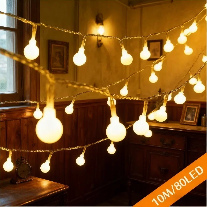 10/12M Outdoor Ball Chain LED Lights - String Garland Bulbs for Christmas, Wedding, Party & Home Garden Decor