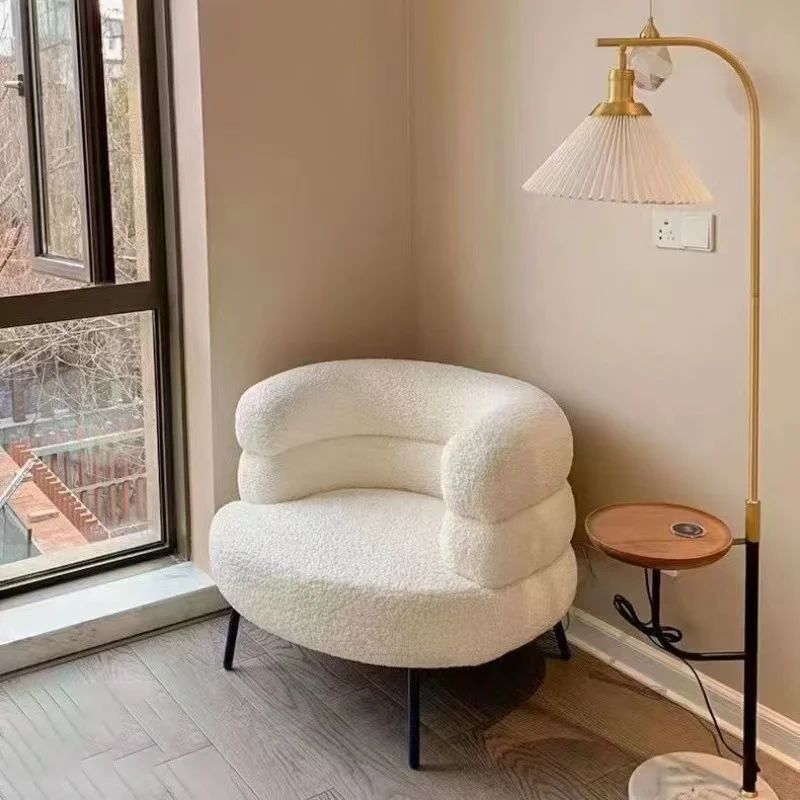 White Nordic Luxury Lamb Fleece Lazy Sofa Chair Living Room Single Casual Back Chair Bedroom Dresser Chair Balcony Coffee Chair