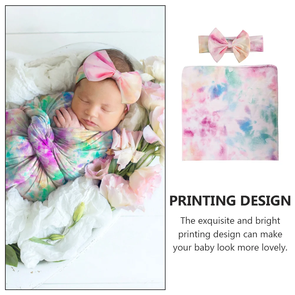 

1 set Swaddle Baby Blanket Swaddle Wrap For Infant Headband Gradient Color Soft Printing Wrap For Infant Lovely Gift Set