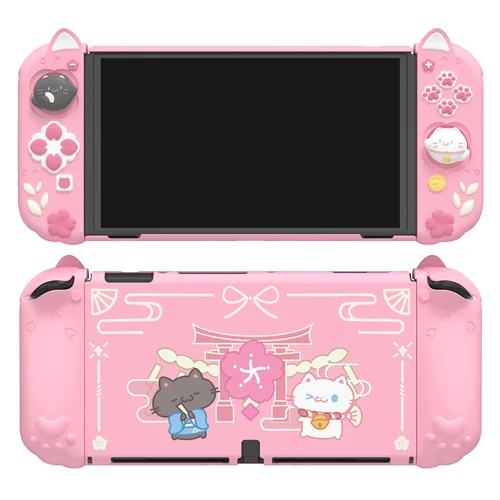 Imagen 1 del producto PlayVital Funda protectora a prueba de golpes para Nintendo Switch OLED con soporte adicional, cubierta dura acoplable con diseño de gatito y flores de cerezo