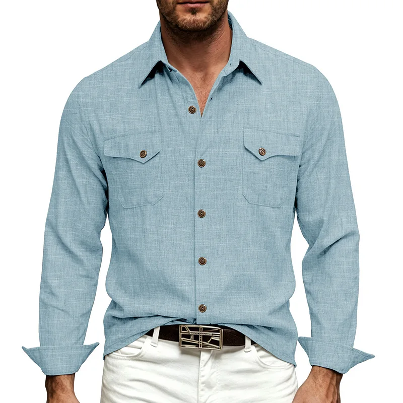Double-Pocket Long-Sleeved Button-Up Shirt for Men, Pure Color, Casual Style, with Two Pockets and Single Button Fastening