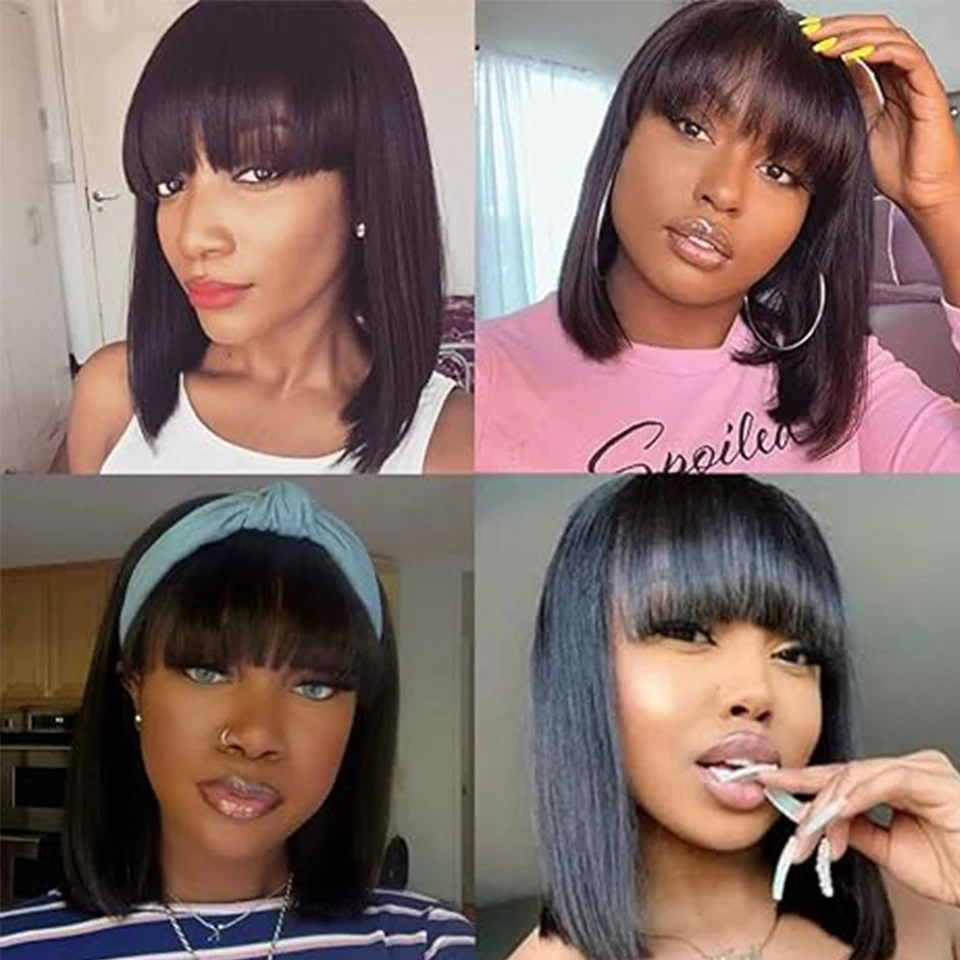 Sleek Short Bob Human Hair Wigs For Women Short Hair Wigs With Bangs Remy Brazilian Hair Wigs Short Straight Hair Bob Wigs