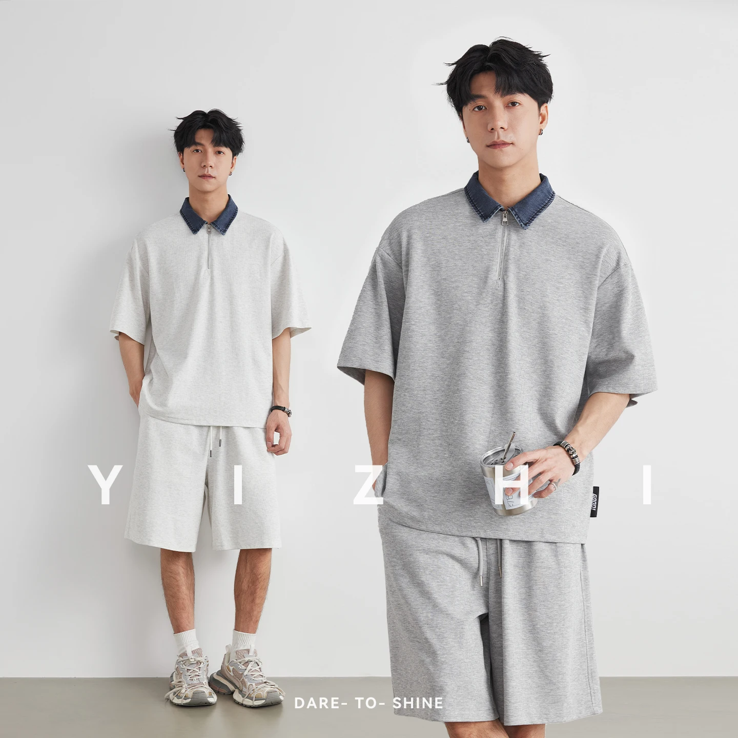 Men's Denim Collar Half Zip Polo Shirt & Shorts Set 2026 Summer Loose Casual Daily Commute Two Piece Outfit